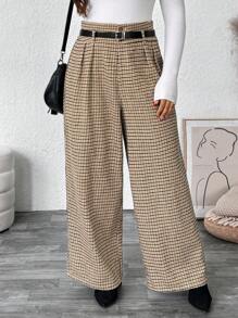 SHEIN VCAY Plus Size Women Woven Check Belted High Waist Straight Leg Pants Barnfit Fashion Work Women Clothes - Brown - View 1