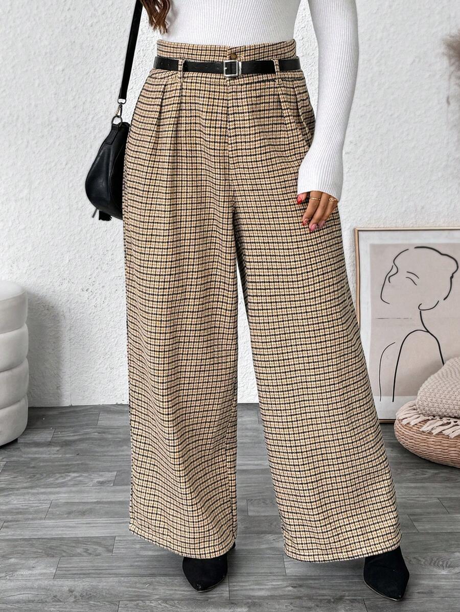 SHEIN VCAY Plus Size Women Woven Check Belted High Waist Straight Leg Pants Barnfit Fashion Work Women Clothes - Brown - View 1
