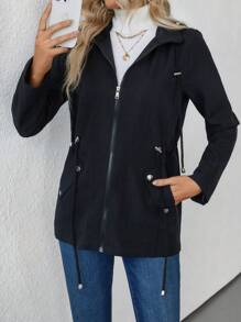 SHEIN Clasi Women's Casual Solid Color Drawstring Waist Hooded Jacket, Autumn - Black - View 3