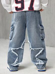 SHEIN X JIMENA & MATEO Young Boys Distressed Fashionable Star Patchwork Retro Loose Fit Blue Jeans With Cargo Pocket,For Kids Fall/Winter Daily Wear Outfits