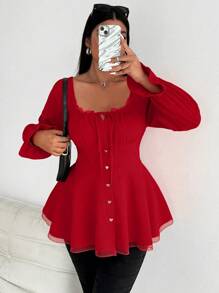 Flirla Plus Size Spring/Autumn Red Vintage Romantic Elegant Cute Loose Vacation Valentine's Day Christmas Open Front Flare Collar Splice Ruffle Trim Long Sleeve Shirt For New Year Clothes - Red - View 5