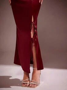 Hauture 女式优雅纯色侧系带半身裙，秋季 - 酒紅色 - 查看 4