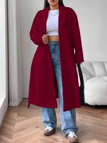 Flirla Plus Size Women Lapel Front Open Drop Shoulder Long Coat With Belt - Burgundy - View 3