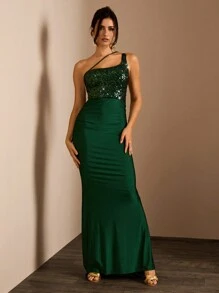 Glamine Zielona Jednoramienna Asymetryczna Cekinowa Spódnica Z Wysokim Stanem Odkryte Plecy Wiązane Z Tyłu Skurcz Po Boku Wąska Dzianinowa Spódnica Maxi na Cztery Pory Roku, Krótka Z Przodu I Długa Z Tyłu Eleganckie Sukienki Studniówkowe, Glam Długie Sukienki Damskie, Sukienki Na Randkę - Ciemnozielony - Zobacz 6