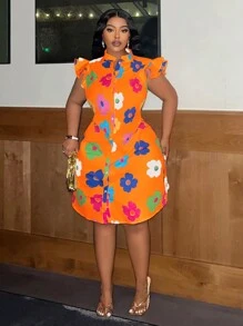 Slaydiva Plus Size Casual & Romantic Women Floral Print Ruffle Trim Flared A-Line Dress For Summer - Orange - View 3