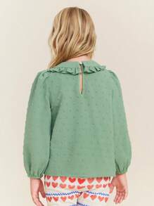 SHEIN Young Girls Casual Letter Embroidery Lantern Sleeve Blouse, Autumn - Green - View 2