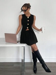SHEIN Essnce Women Solid Color Front Button Sleeveless Vest And Skirt Suit Set, Minimalist Style - Black - View 1