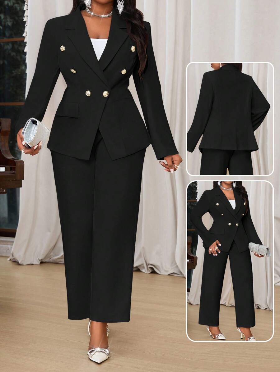 SHEIN Lady 春夏秋冬优雅白色针织翻领纽扣前长袖大码仿皮草外套职业装圣诞女装教堂女装女装套装情人节新年女装 - 黑色 - 查看 1