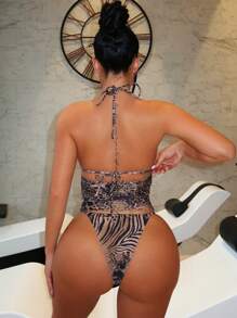 Swim SXY 女士豹纹性感吊带系带比基尼套装 夏季 - 彩色 - 查看 2