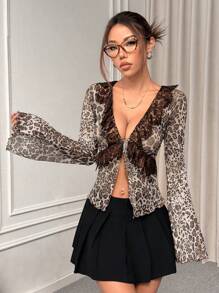 SHEIN EZwear 女士豹纹网眼撞色前系带长袖休闲 T 恤 - 棕色 - 查看 4