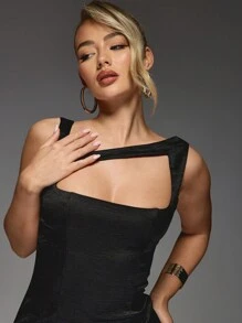 MISSGUIDED Square Neck Mini Dress Bodycon Fitted Party Club Night Out Fashion Statement Sleeveless Cut Out Detail Fall Winter - Black - View 3