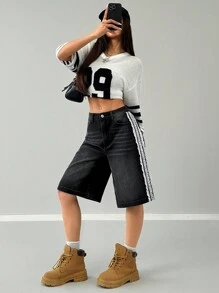 SHEIN EZwear 女式学院风街头服饰撞色蕾丝黑色洗水牛仔短裤 - 黑色 - 查看 5