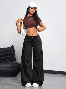 SHEIN EZwear Damen Lässig Weite Bein Cargo Jeans mit Wasserwäsche