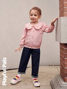 SHEIN 1 Pc Young Girls Coats Ruffle Peter Pan Collar Letter Print Fun Cute/Vintage/Casual/Outings Autumn/Winter/Spring Suitable For School And Outings - Pink - View 4