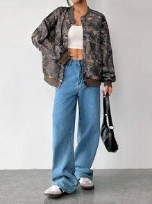 SHEIN EZwear Women's Autumn Branch Print Drop Shoulder Long Sleeve Single-Breasted Casual Baseball Jacket - Multicolor - View 6