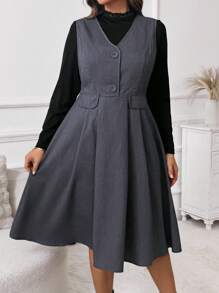 2pcs/Set Plus Size Women Casual Solid Woven V-Neck Cami Dress And Round Neck Ribbed Midi Dress, Spring - Dark Grey - View 5