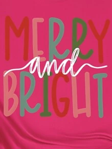 SHEIN Unity Áo thun in họa tiết "MERRY AND BRIGHT" dễ thương, thoải mái, giản dị, dành cho nữ, áo phông họa tiết dành cho nữ - Màu Hồng Tươi - Xem 4