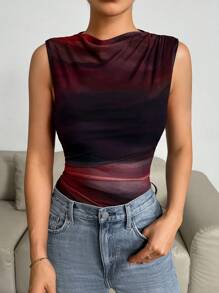SHEIN Essnce Fashionable Tie-Dye Tie Dye Shirred Bodysuit - Burgundy - View 4