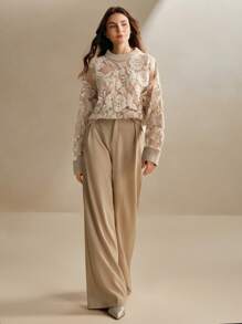 Anewsta Women's Sheer Floral Print Mesh Long Sleeve Loose Knit Sweater For Autumn And Winter Knit Pullover Fall - Camel - View 4