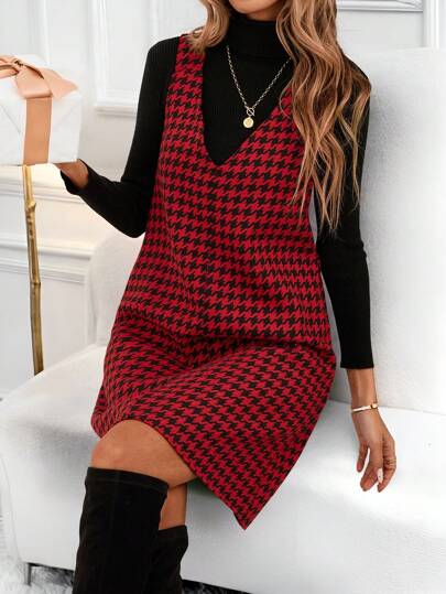 SHEIN LUNE Höst/vinter Dam Casual Street Vintage Jul Röd & Svart Rutig Intarsia Jumper Dress