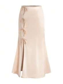 SHEIN Unity Plus Size Sexy Elastic High Waist Solid Satin Twist Slit Maxi Dress - Beige - View 3