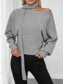 SHEIN Clasi Women's Casual Asymmetric Collar Batwing Sleeve Solid Sweater, Autumn/Winter Knit Pullover Fall - Grey - View 1
