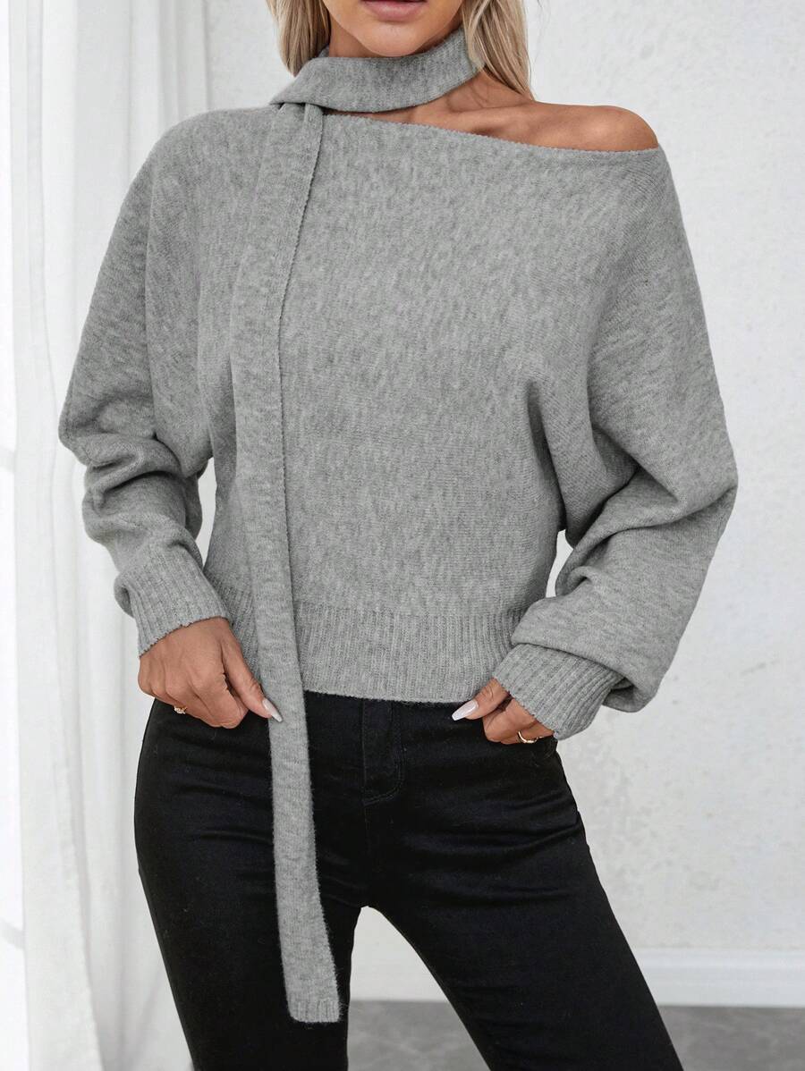 SHEIN Clasi Women's Casual Asymmetric Collar Batwing Sleeve Solid Sweater, Autumn/Winter Knit Pullover Fall - Grey - View 1