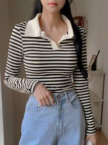 Blusa de manga larga a rayas de uso casual para mujer, para uso diario - Negro - Ver 3
