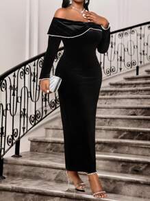 SHEIN Lady Autumn And Winter Elegant Party Wedding Valentine's Day Cocktail Party Concert/Music Festival Black Knitted Velvet Off The Shoulder Straight Tape Embellished Long Long Sleeve Plus Size Dresses Valentine's Day New Year Party Party Dress New Year Eve Dress