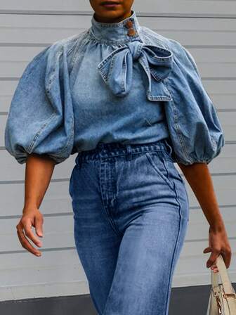 Mock Neck Lantern Sleeve Bow Front Denim Top