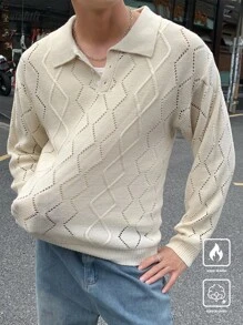 Manfinity CasualKnits Men's Solid Color Button Front Long Sleeve Hollow Casual Sweater - Apricot - View 3