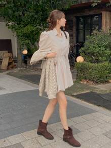 DAZY Women's Solid Color Shirt-Style Cinched Waist Puff Short Dress, Spring/Summer/Autumn,Fall Women Clothes Long Sleeve Dress - Apricot - View 3