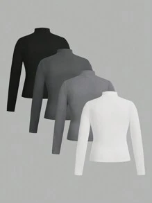 SHEIN Essnce Plus Size Women's T-Shirt, 4 Pieces, High Neck Long Sleeve Top, Out Top,Cute Tops Spring Clothes