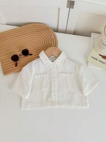 SHEIN LMoss Kids Cute Baby Girls White Short Sleeve Shirt, Versatile For Summer - White - View 7