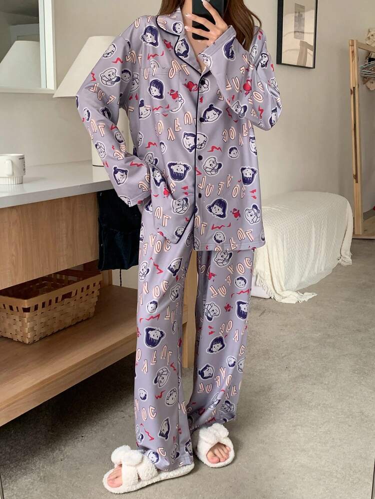Cartoon Pattern Allover Print Loose Pajama Set
