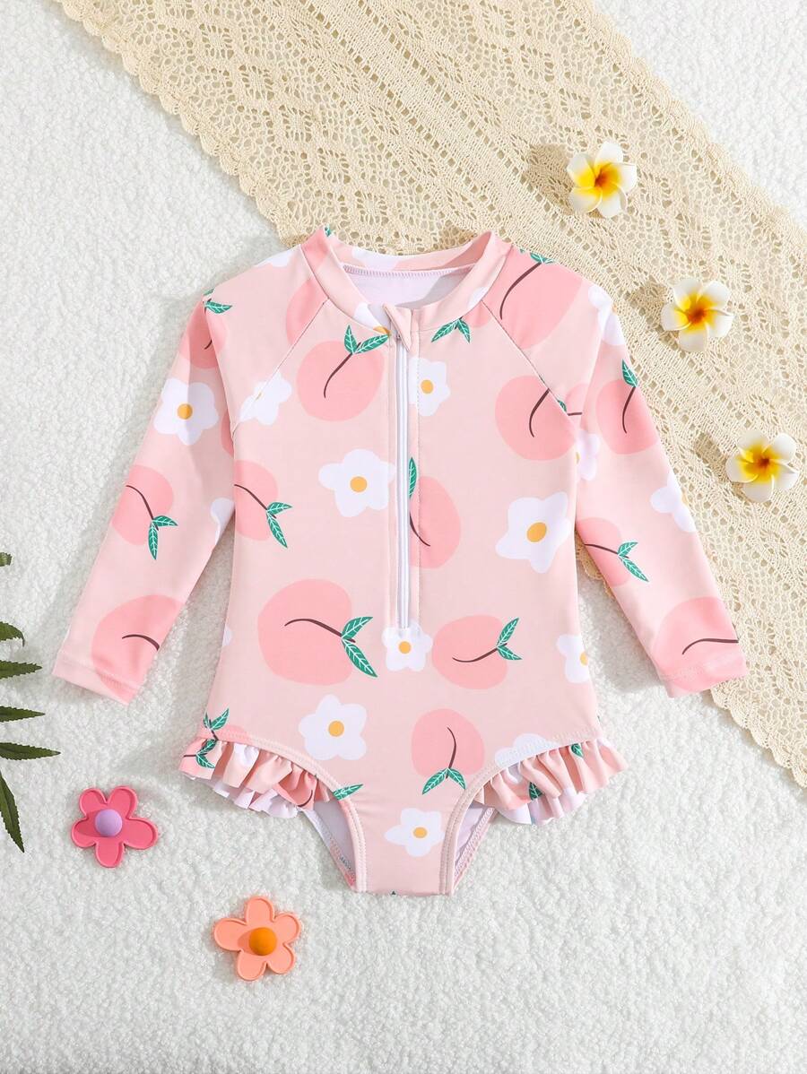 SHEIN 女婴泳衣，随机印花，荷叶边，连体泳衣