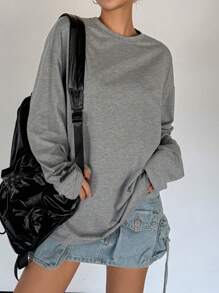 DAZY Solid Color Round Neck Loose Long Sleeve Long Length Women T-Shirt,Fall Clothes Preppy Tops