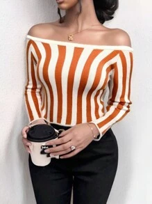 Zolique Women's Knitted Long Sleeve Off Shoulder Sweater, Sexy, Slim Fit, Friends Gathering, Casual, Comfortable, Basic Travel Party, Autumn And Winter Fall - Apricot - View 1