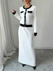 Chiquease Conjunto de 2 piezas de suéter elegante para mujer, de color contrastado, con falso bolsillo, cuello redondo, suéter de punto de manga larga y falda de punto de unicolor con cintura elástica - Blanco y Negro - Ver 5