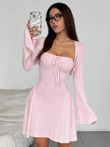 Flirla 2 sztuki Elegancki zestaw sukienek Y2K Casual Brushed Ribbed Knit z długim rękawem