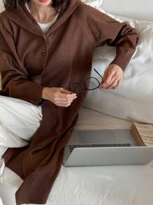 DAZY Winter Minimalist Knitted Hooded Loose Bathrobe Pajama, Cozy Outfit - Brown - View 8