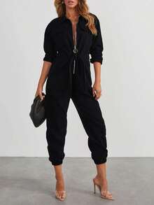 圓環拉鍊束腰貨物連身衣 - 黑色 - 查看 6