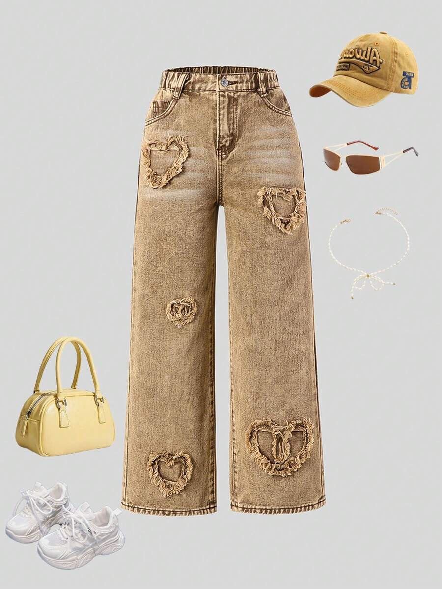 SHEIN 1pc Tween Girl Oversized Heart Embroidery Relaxed Fit Wide Leg Jeans, School, Campus, College - Coffee Brown - View 1