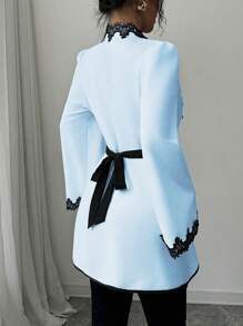 Elenzga Contrast Color Block Ruffle Waist Detail 3D Flower Women Regular Jacket - Blue - View 2