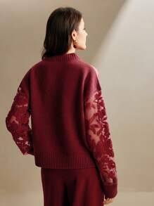 Anewsta Women's Sheer Floral Pattern Round Neck Long Sleeve Knit Sweater, Autumn/Winter Knit Pullover Fall - Burgundy - View 2