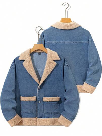 SHEIN Teen Boy Fashion Casual Vintage Blue Denim Apricot Collar With Matching Thermal Lined For Added Warmth Lapel Long Sleeve Jacket For Boys Costume Dailywear And Fall/Winter Teen Boy Clothes