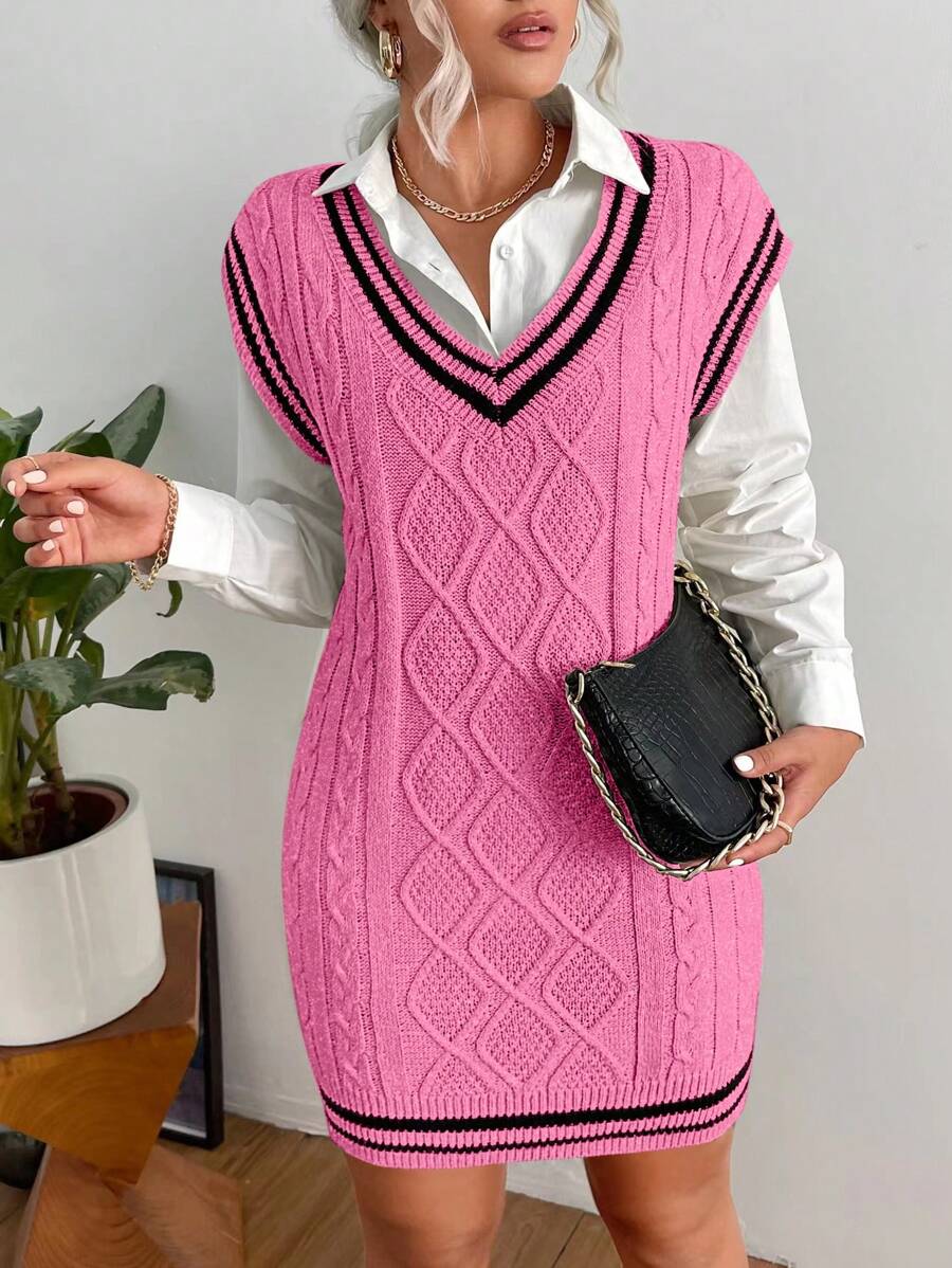Chiquease Women's Casual Loose Striped V-Neck Sleeveless Sweater Dress, Autumn/Winter - Hot Pink - View 1