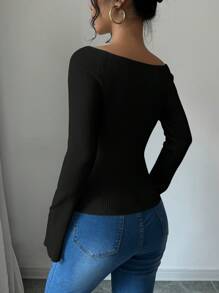 Elenzga Jersey de mujer ajustado con mangas abullonadas y hombros descubiertos, blusas de manga larga
