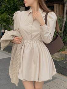DAZY Women's Solid Color Shirt-Style Cinched Waist Puff Short Dress, Spring/Summer/Autumn,Fall Women Clothes Long Sleeve Dress - Apricot - View 1