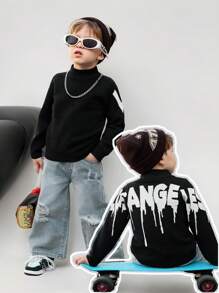 Camisa de manga larga con cuello alto para niños con estampado minimalista de letras, uso casual diario